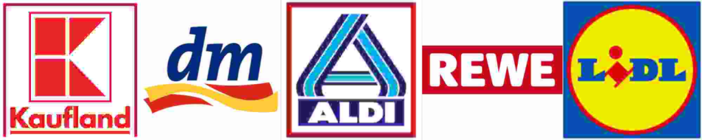 Logos of the shops Kaufland, dm, Aldi, Rewe and Lidl